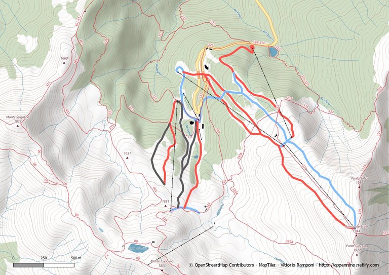 Mappa topografica dei sentieri CAI e delle piste da sci nel comprensorio del Corno alle Scale