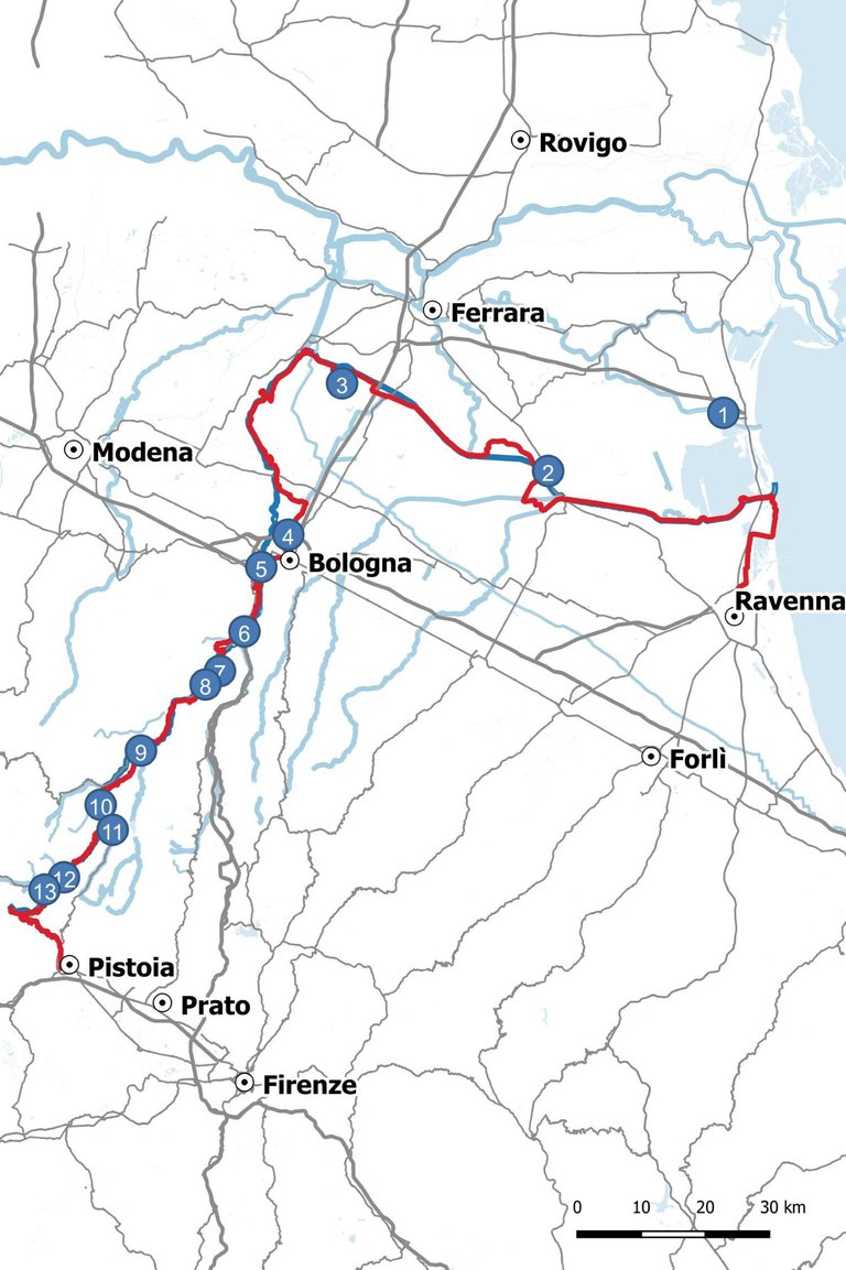 Mappa degli itinerari del libro La Via dl Reno